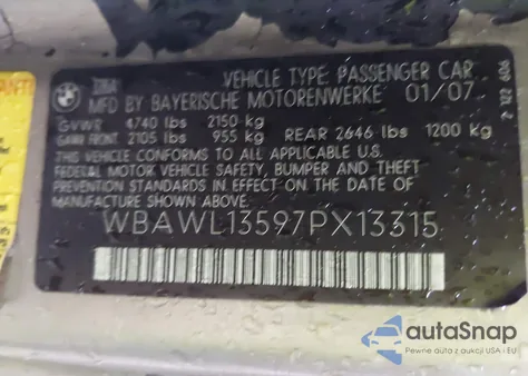 2007 BMW 328I z USA, uszkodzony, nr VIN WBAWL13597PX13315